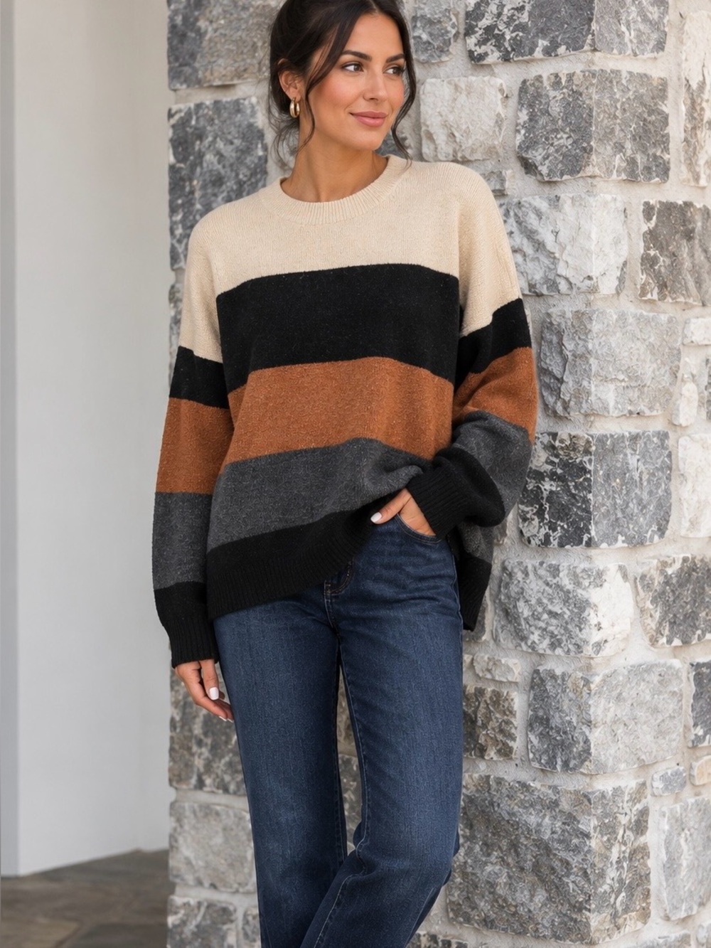 French Connection Earthy Colorblock Crewneck Sweater Fall Colors Retro 90s SZ Lg